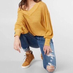 Free People We The Free Size S Yellow Mustard Waffle Knit Slouchy Thermal Top